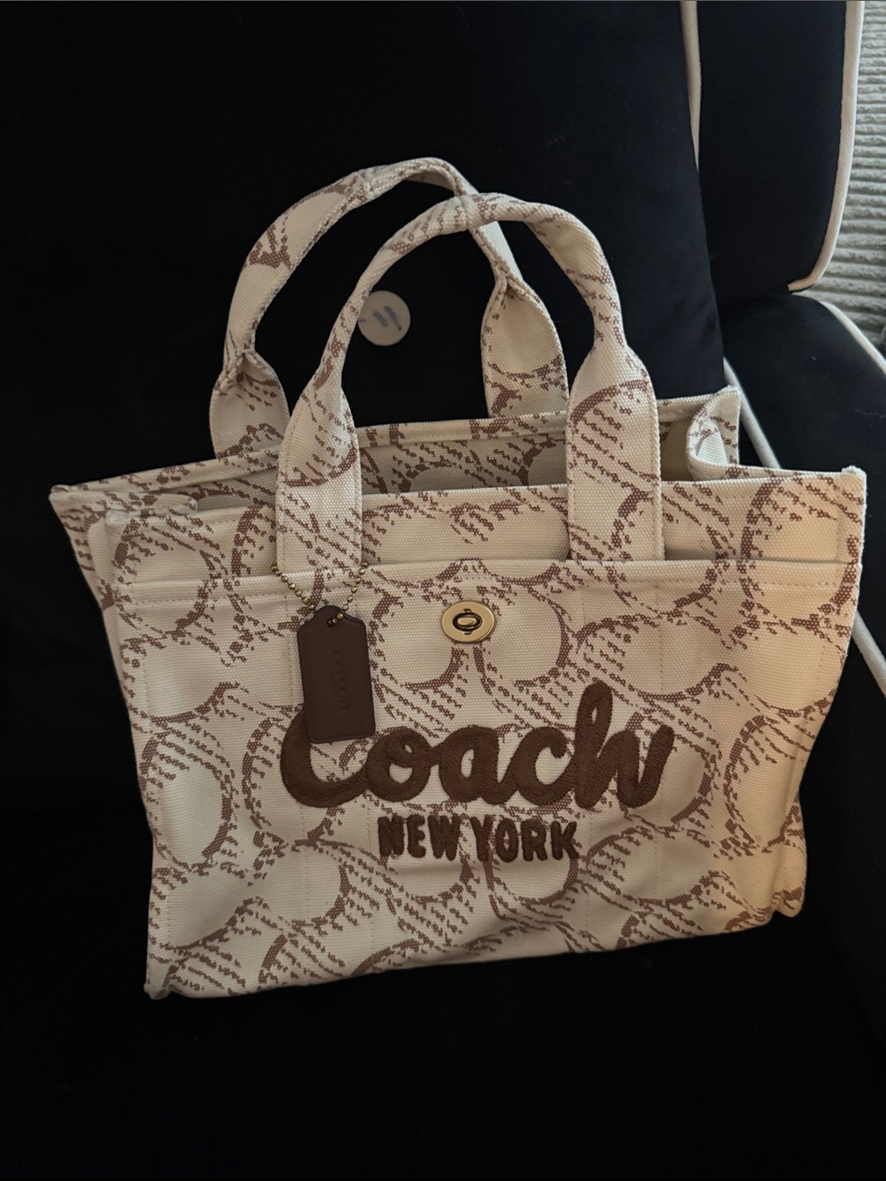 Coach Cream and Brown Signature Script Tote